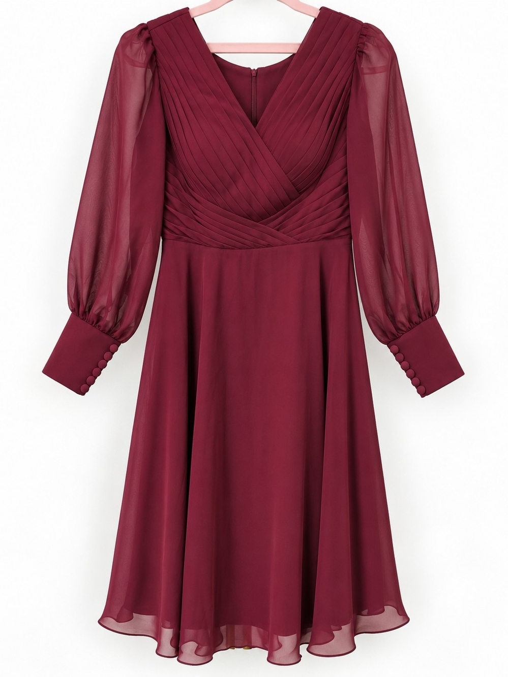JJ's House Burgundy Chiffon Pleated Bishop Sleeve Midi Dress Approx L - Picture 2 of 11